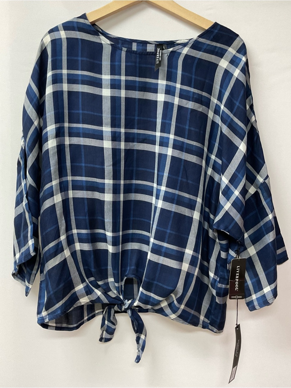 Brand New-Liverpool Los Angeles blue and white plaid tie-front dolman top